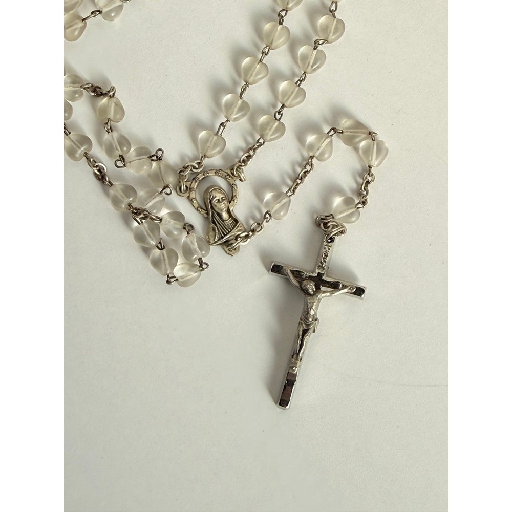 Vintage Italy‎ Frosted Glass Heart Bead Rosary Silver Tone Catholic Crucifix